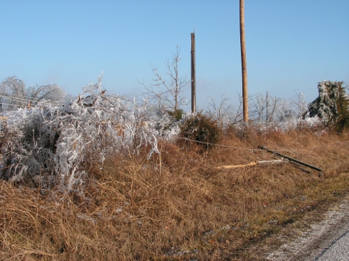 Black Oak Rd. broken pole and wires down Black Oak Road. Broken pole, wires on the ground.